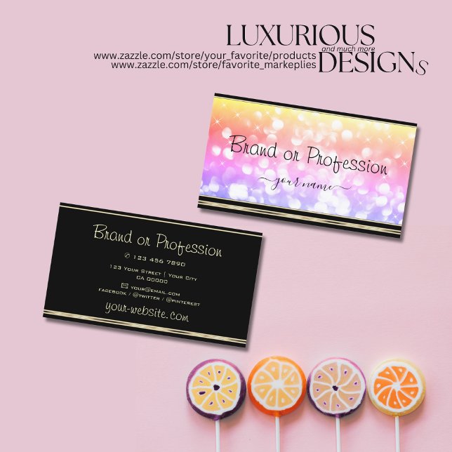 Pastel Colourful Glitter Stars Black Gold Border Business Card (Creator Uploaded)