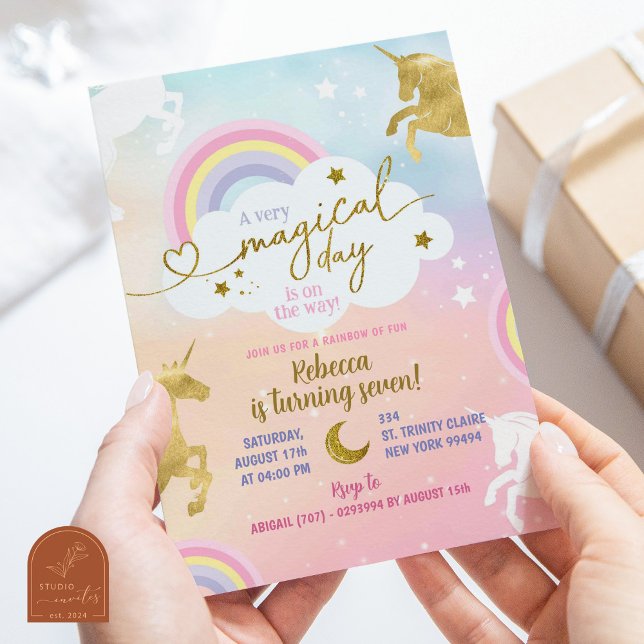 Pastel Colourful Gold Magical Unicorn Girl Birthda Invitation (Creator Uploaded)
