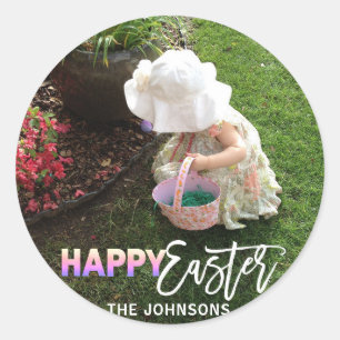 Pastel Colourful HAPPY EASTER   Add PHOTO Classic Round Sticker