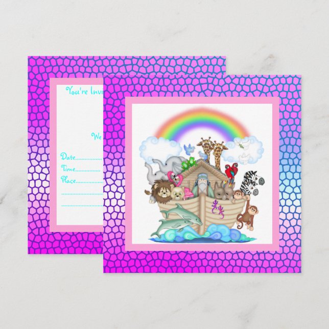 Pastel colourful NOAHS ARK PARTY INVITATION (Front/Back)
