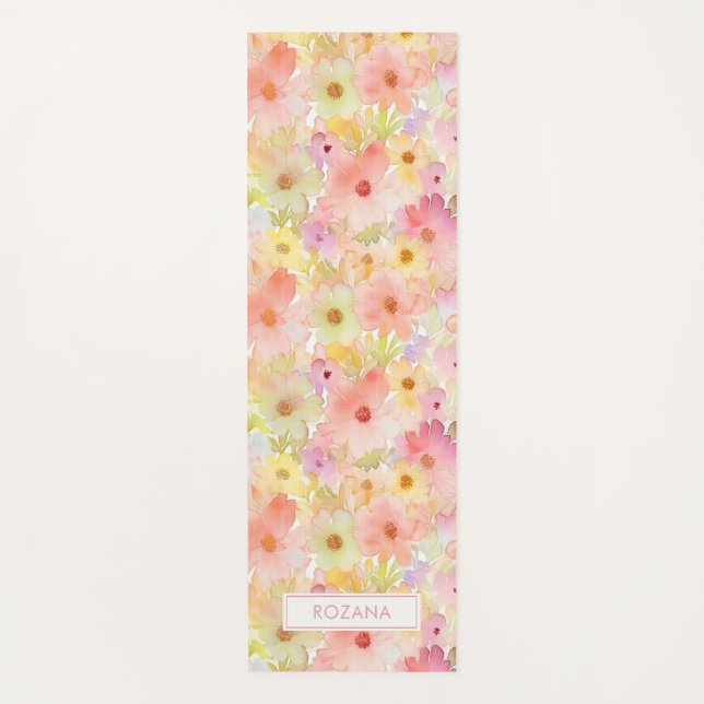 Pastel Colourful Watercolor Floral Pattern Custom Yoga Mat (Front)