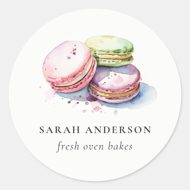 Pastel Colourful Watercolor French Macarons Bakery Classic Round Sticker (Front)