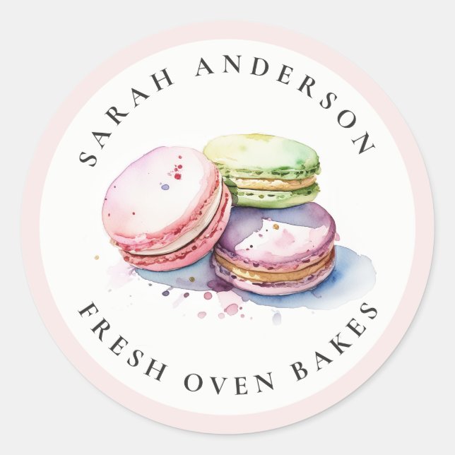 Pastel Colourful Watercolor French Macarons Bakery Classic Round Sticker (Front)