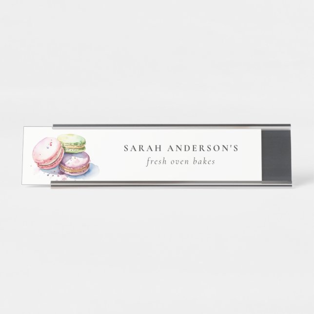 Pastel Colourful Watercolor French Macarons Bakery Desk Name Plate (Front)