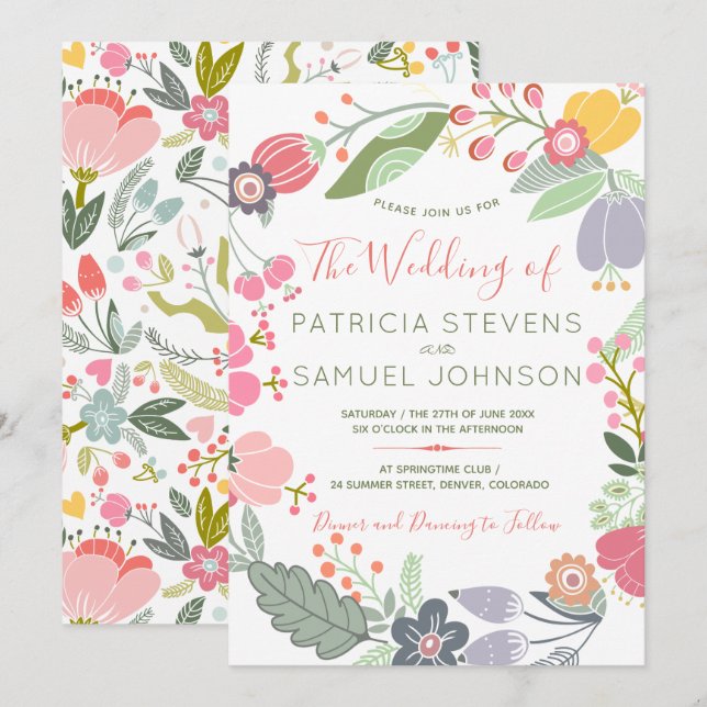 Pastel colourful wildflowers meadow wreath wedding invitation (Front/Back)