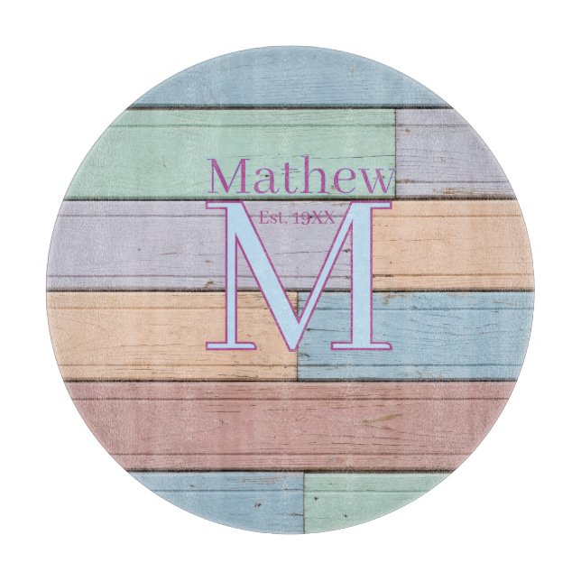 pastel colourful wood rustic monogram est. year na cutting board (Front)