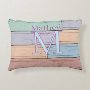 pastel colourful wood rustic monogram est. year na decorative cushion