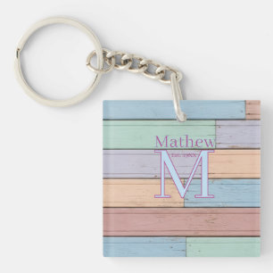 pastel colourful wood rustic monogram est. year na key ring