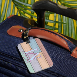 pastel colourful wood rustic monogram est. year na luggage tag