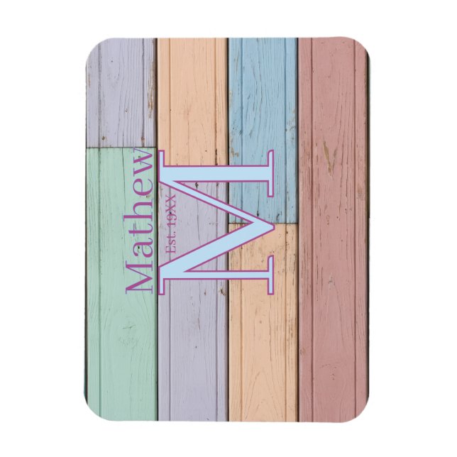 pastel colourful wood rustic monogram est. year na magnet (Vertical)