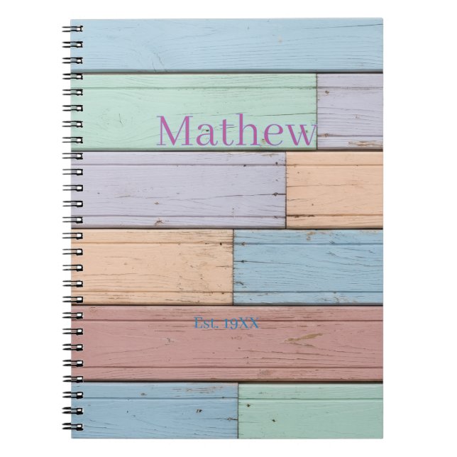 pastel colourful wood rustic monogram est. year na notebook (Front)