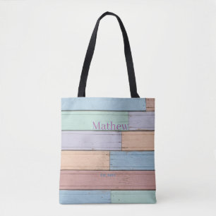 pastel colourful wood rustic monogram est. year na tote bag