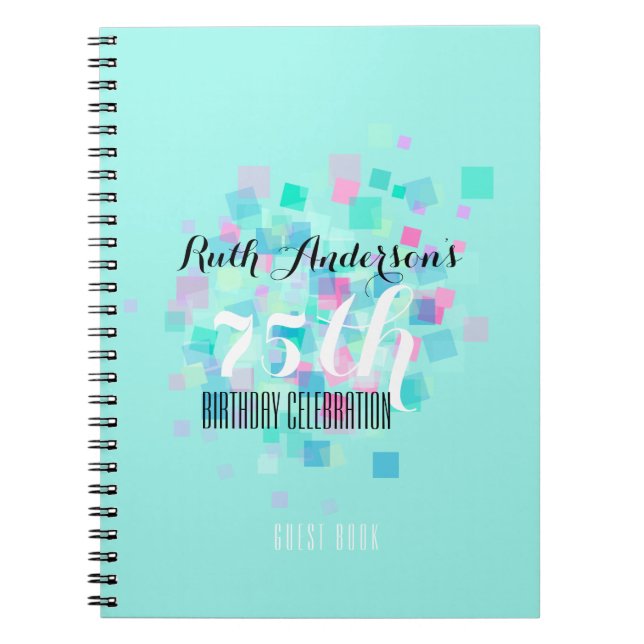 Pastel Colours Aqua 75th Birthday Party Guest Book (Front)