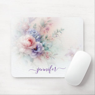 Pastel Colours Aquarell Floral Typography Name Mouse Mat