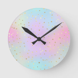 Pastel Colours Blue Pink Purple Small Bright Golde Round Clock