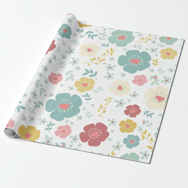 Pastel Colours Cute Colourful Flowers Pattern Wrapping Paper (Unrolled)