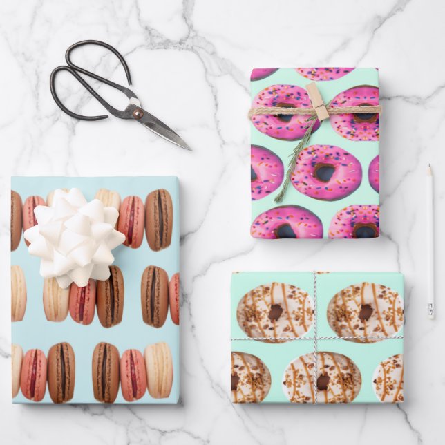 pastel colours cute foodie sweet doughnut macaroon wrapping paper sheet (Front)