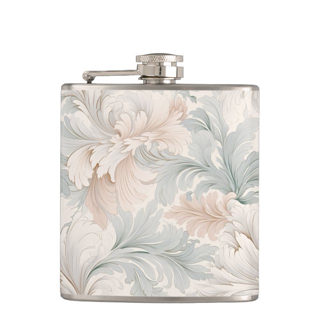 Pastel colours delicate ornamental floral motifs hip flask (Front)
