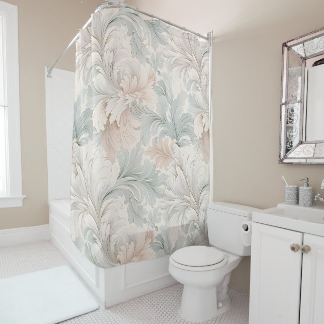Pastel colours delicate ornamental floral motifs shower curtain (In Situ)