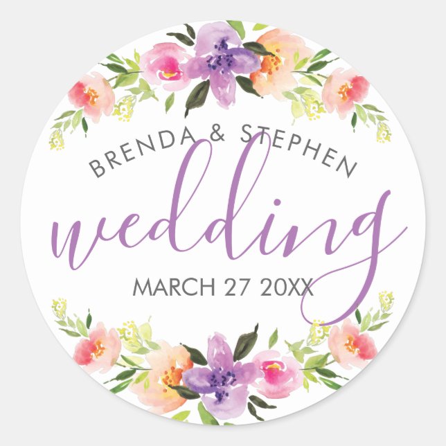 Pastel colours floral wreath border classic round sticker (Front)