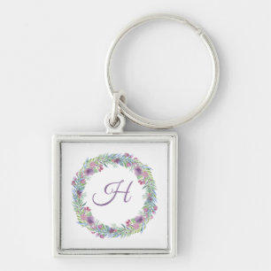 Pastel Colours Floral Wreath Monogrammed Key Ring