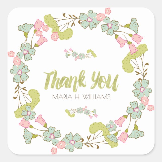 Pastel Colours Floral Wreath Thank You Template Square Sticker (Front)