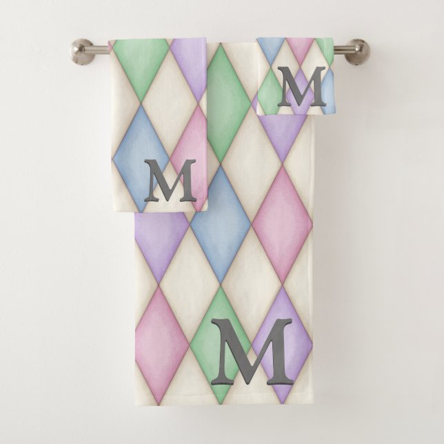 Pastel Colours Harlequin Pattern 3-D Monogram Bath Towel Set (Insitu)