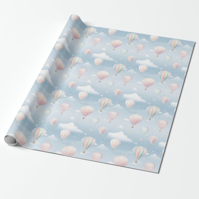 Pastel Colours Hot Air Balloons on Blue Sky Wrapping Paper (Unrolled)