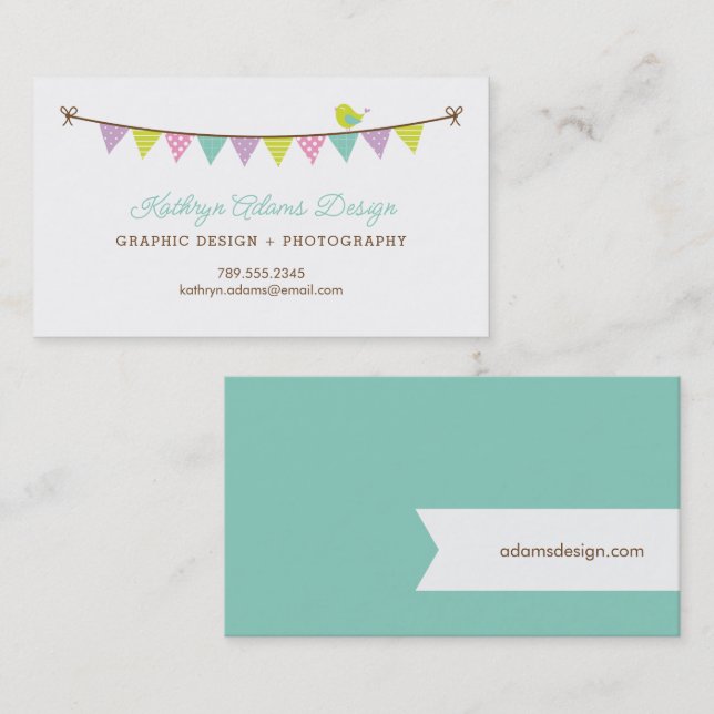 Pastel Colours Patterned Bunting and Cute Bird Business Card (Front/Back)