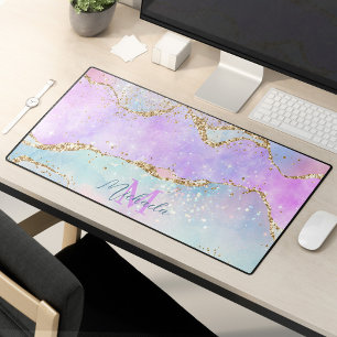 Pastel Colours Pink Blue Agate Glitter Monogram Desk Mat