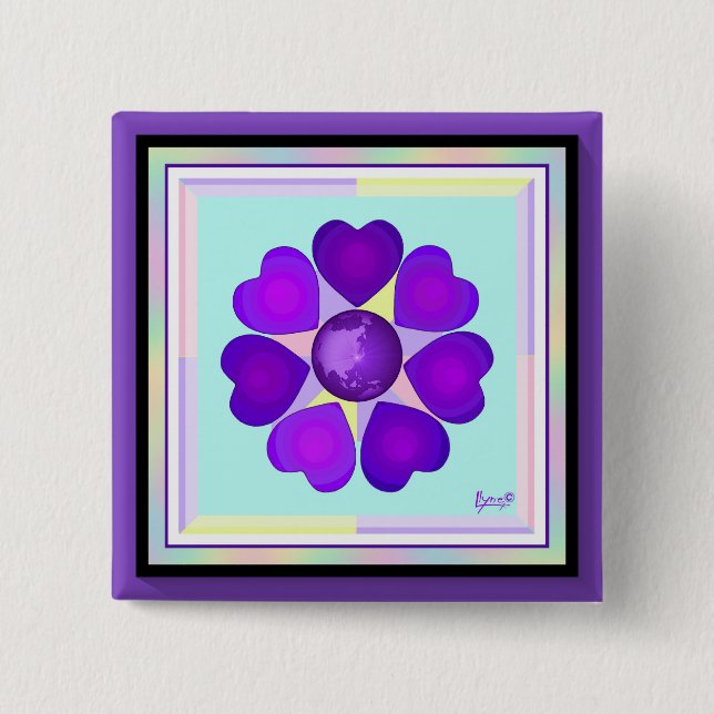 Pastel colours & purple hearts beating 15 cm square badge (Front)