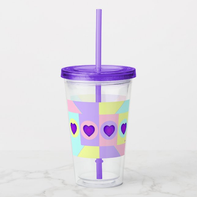 Pastel colours & purple hearts beating acrylic tumbler (Front)
