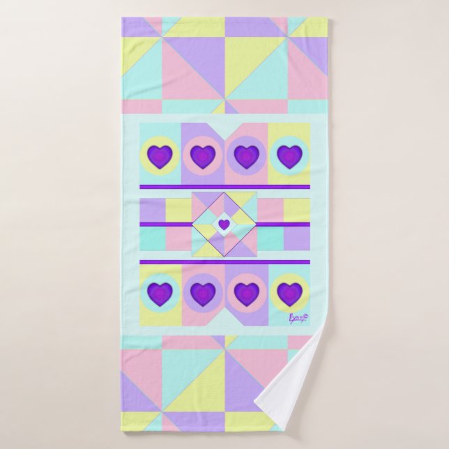Pastel colours & purple hearts beating bath towel (Bath Towel)