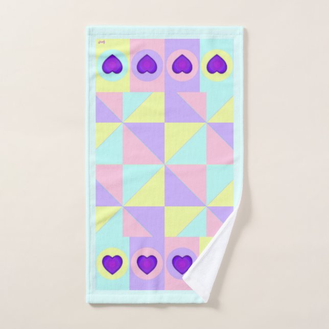 Pastel colours & purple hearts beating bath towel set (Hand Towel)