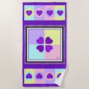 Pastel colours & purple hearts beating beach towel