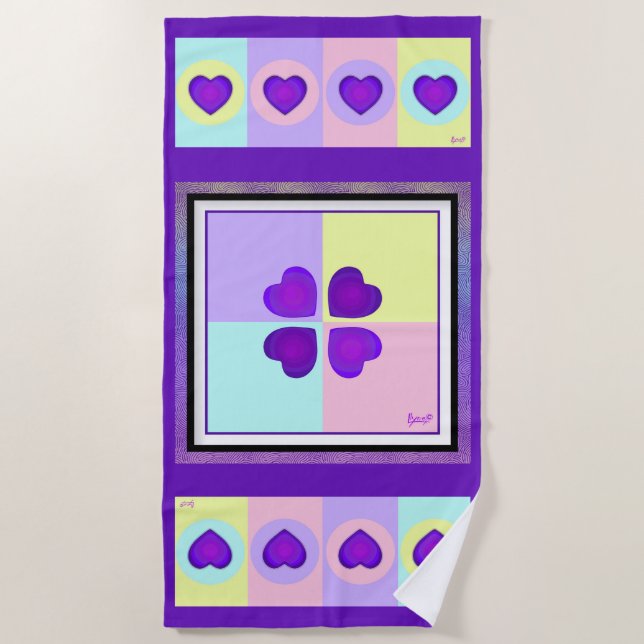 Pastel colours & purple hearts beating beach towel (Front)