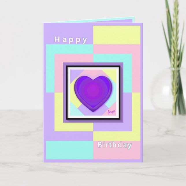 Pastel colours & purple hearts beating birthday ca thank you card (Front)