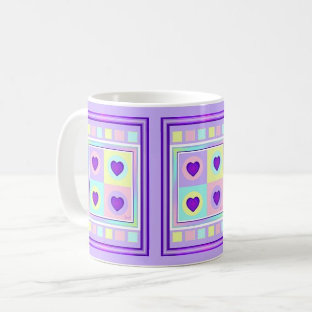 Pastel colours & purple hearts beating coffee mug (Front Left)