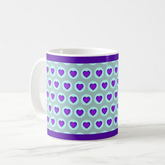 Pastel colours & purple hearts beating coffee mug (Front Left)