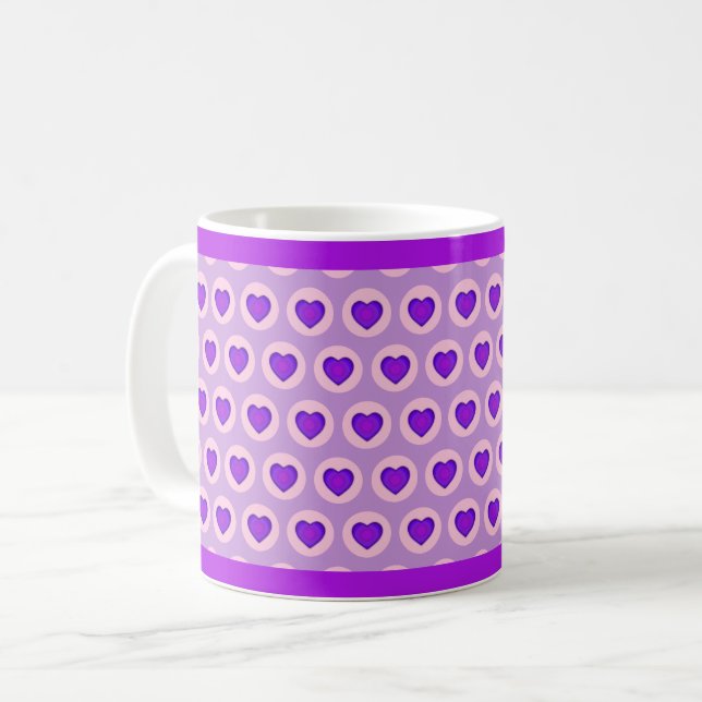 Pastel colours & purple hearts beating coffee mug (Front Left)