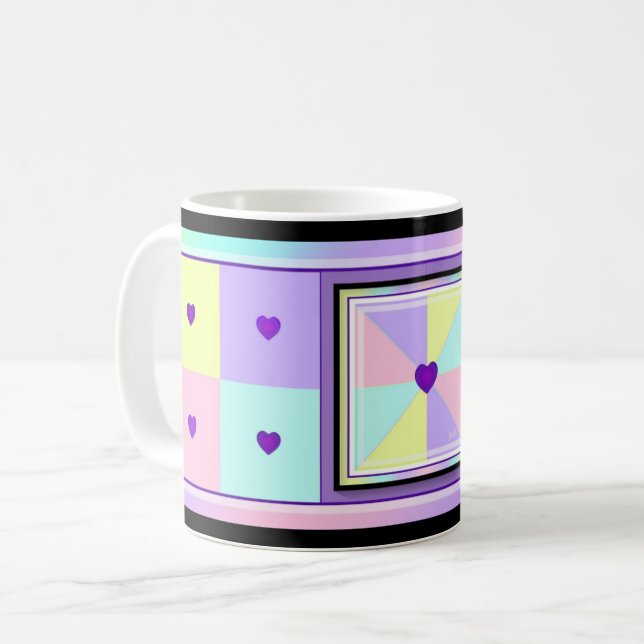 Pastel colours & purple hearts beating coffee mug (Front Left)