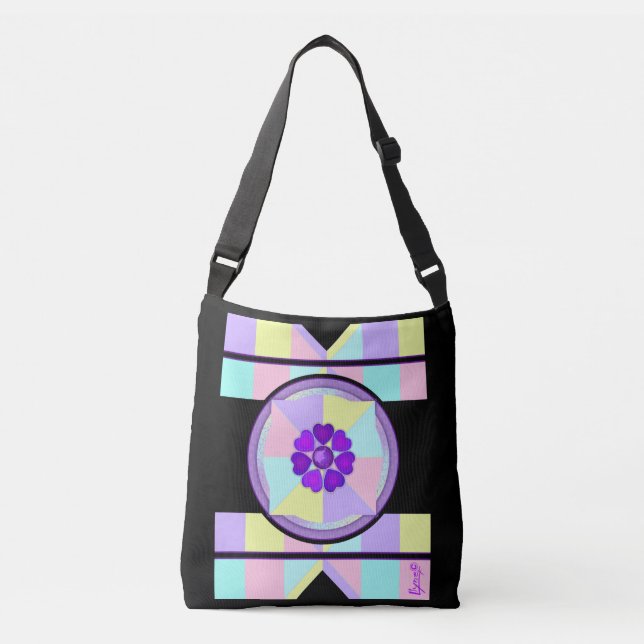 Pastel colours & purple hearts beating crossbody bag (Front)