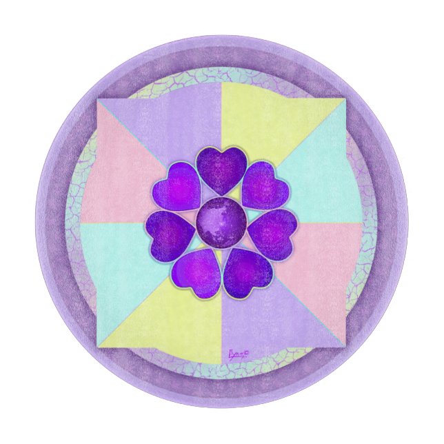Pastel colours & purple hearts beating cutting board (Front)