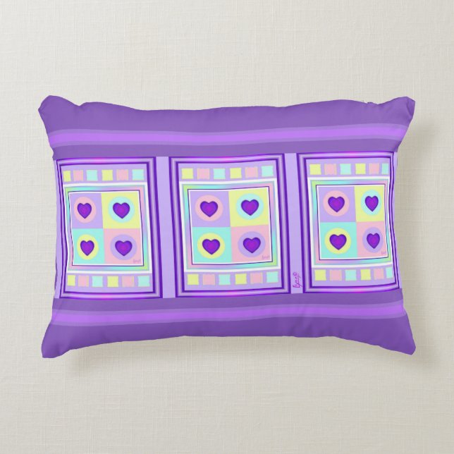 Pastel colours & purple hearts beating decorative cushion (Front)