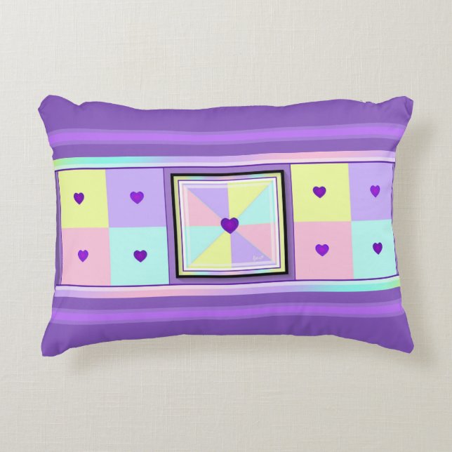 Pastel colours & purple hearts beating decorative cushion (Front)