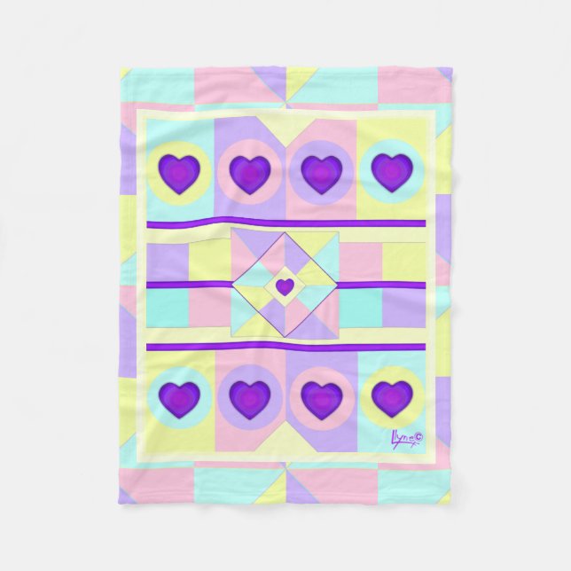 Pastel colours & purple hearts beating fleece blanket (Front)