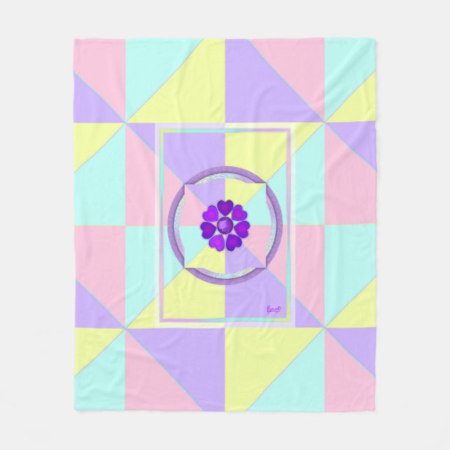 Pastel colours & purple hearts beating fleece blanket (Front)