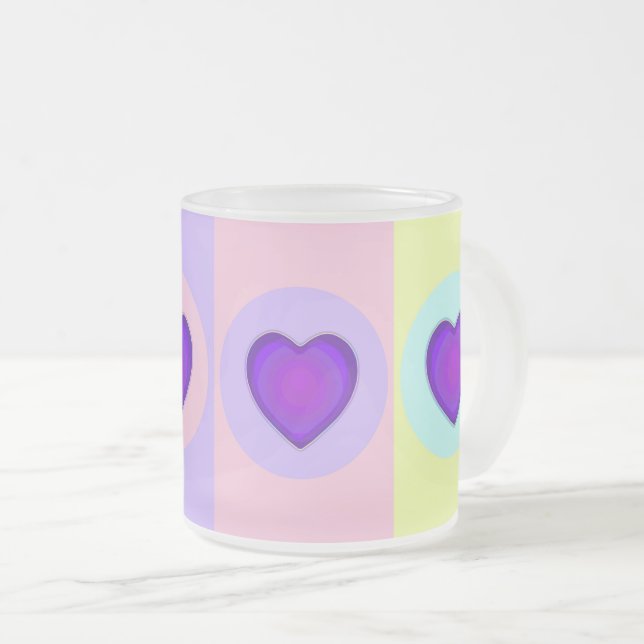 Pastel colours & purple hearts beating frosted glass coffee mug (Front Right)