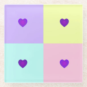 Pastel colours & purple hearts beating glass coaster