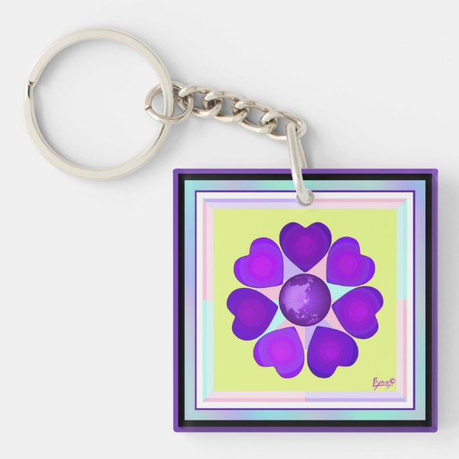 Pastel colours & purple hearts beating key ring (Front)